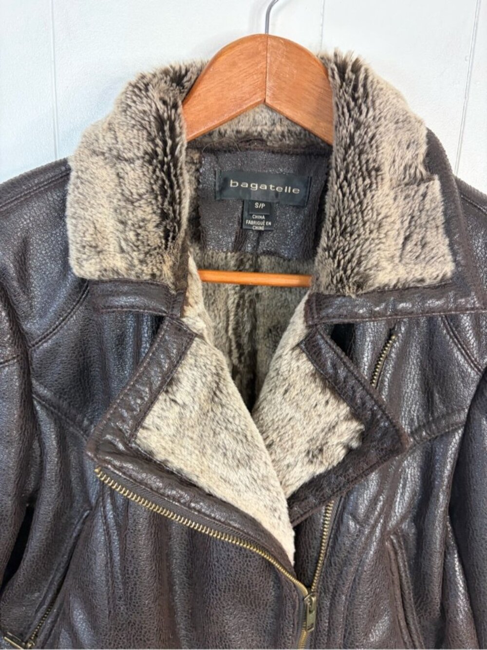 Vintage 90s Y2K Faux Leather Fur Lined Aviator Jacket Coat Brown size medium - Picture 5 of 13